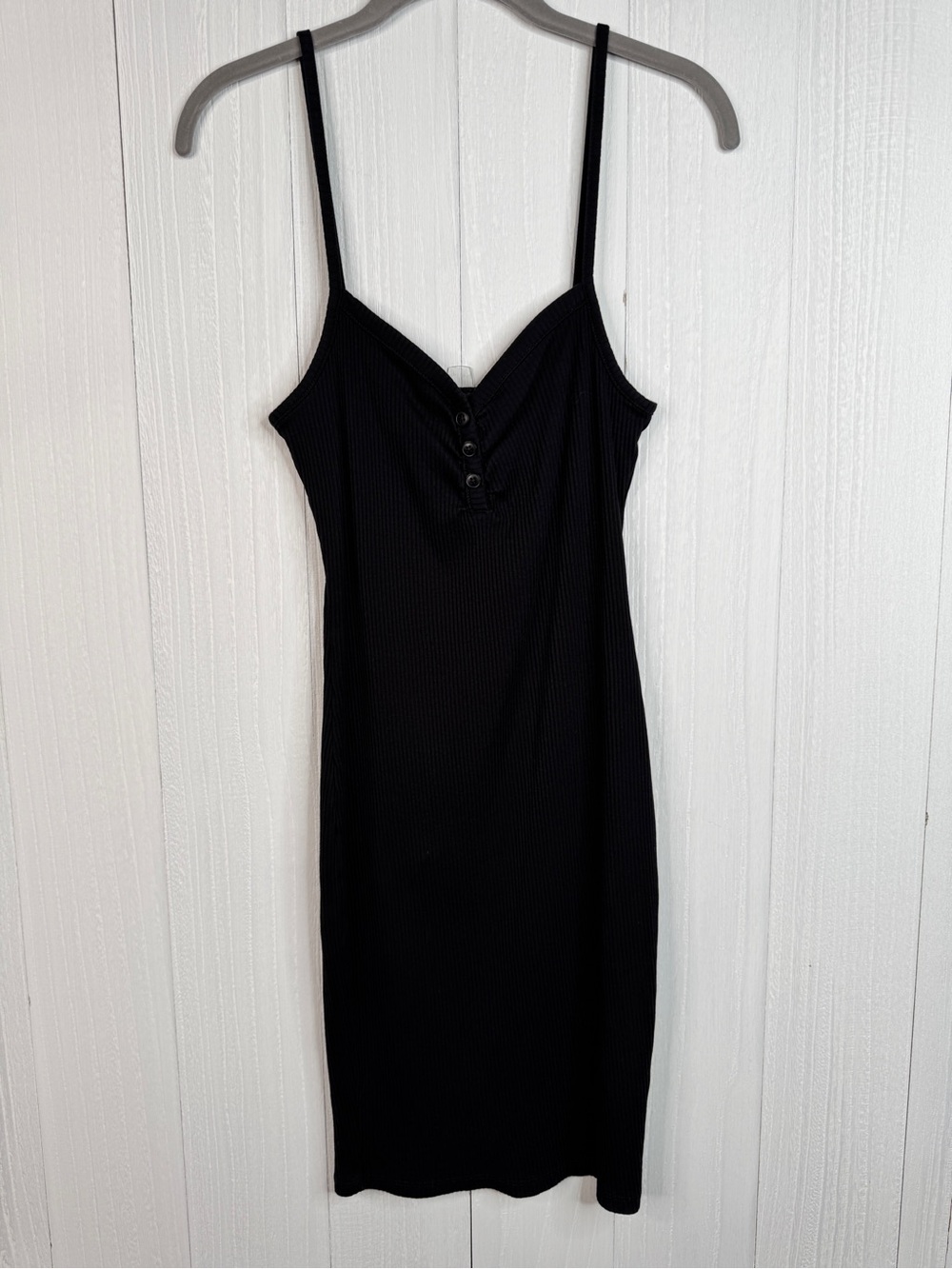 FB Sister Black Ribbed Button-Front Spaghetti Strap Mini Dress M